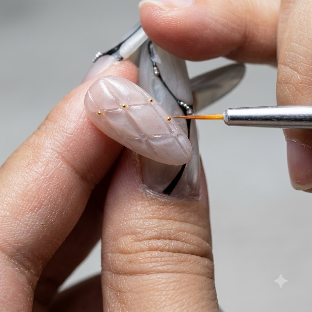 A detailed shot of a fine brush tracing the crisp edge of a French tip nail.