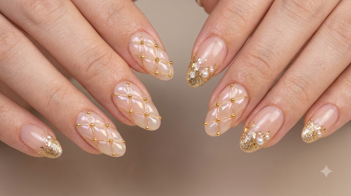 Luxury Quilted Diamond Lattice and French Gold Glitter Nails — Step-by-Step Tutorial