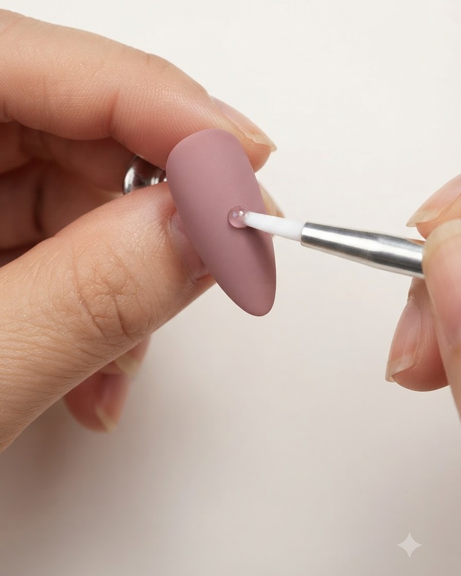 A fine brush applying a single white teardrop-shaped stroke onto a mauve-pink matte nail.