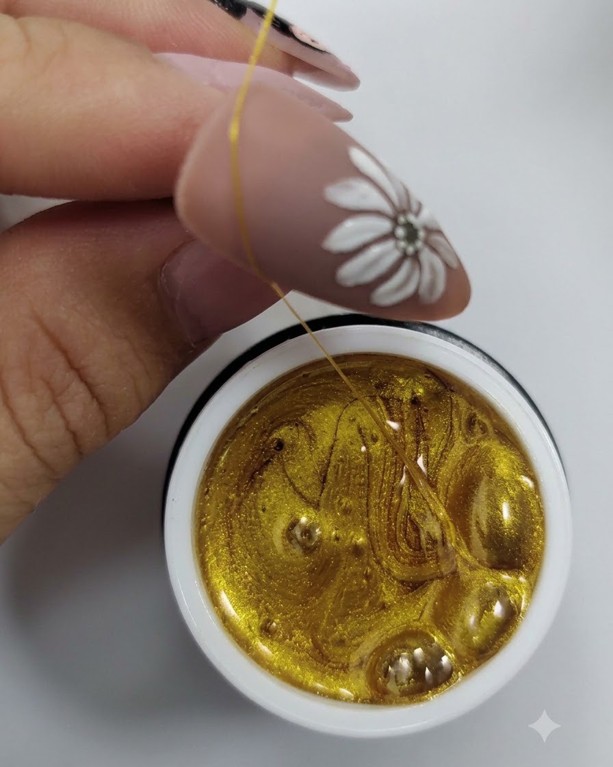 A fine brush pulling a thin strand of gold gel across a nude-colored nail with a white daisy design.