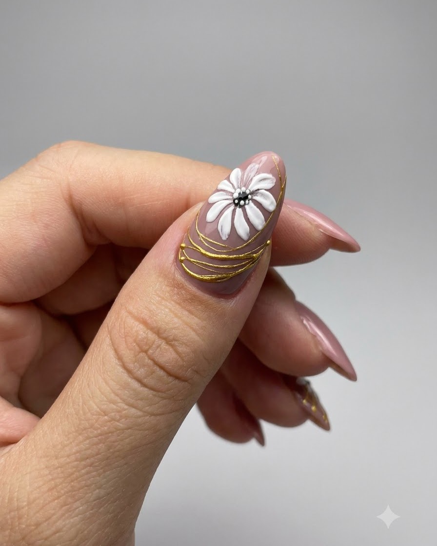 A close-up of a manicured nail showing white script lettering painted over delicate gold gel lines.