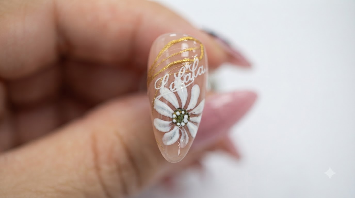 Daisy Floral Nail Art with Gold Calligraphy — Step-by-Step Tutorial