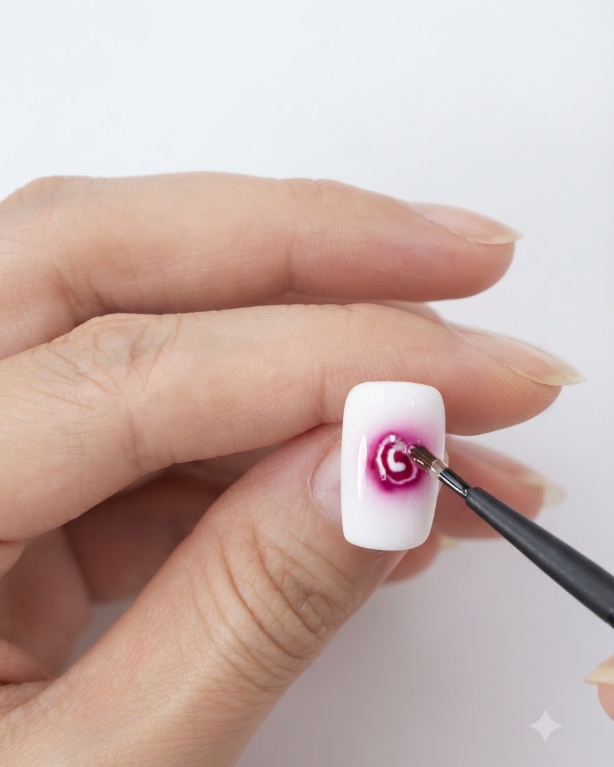 A liner brush drawing a white circular outline outward from the red center dot on a nail.