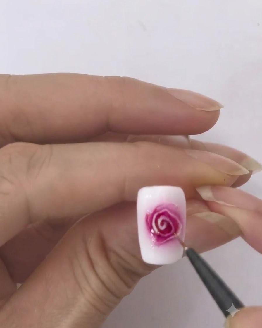 A close-up view of a nail showing red and white gel blooming into a soft rose pattern on a wet base.