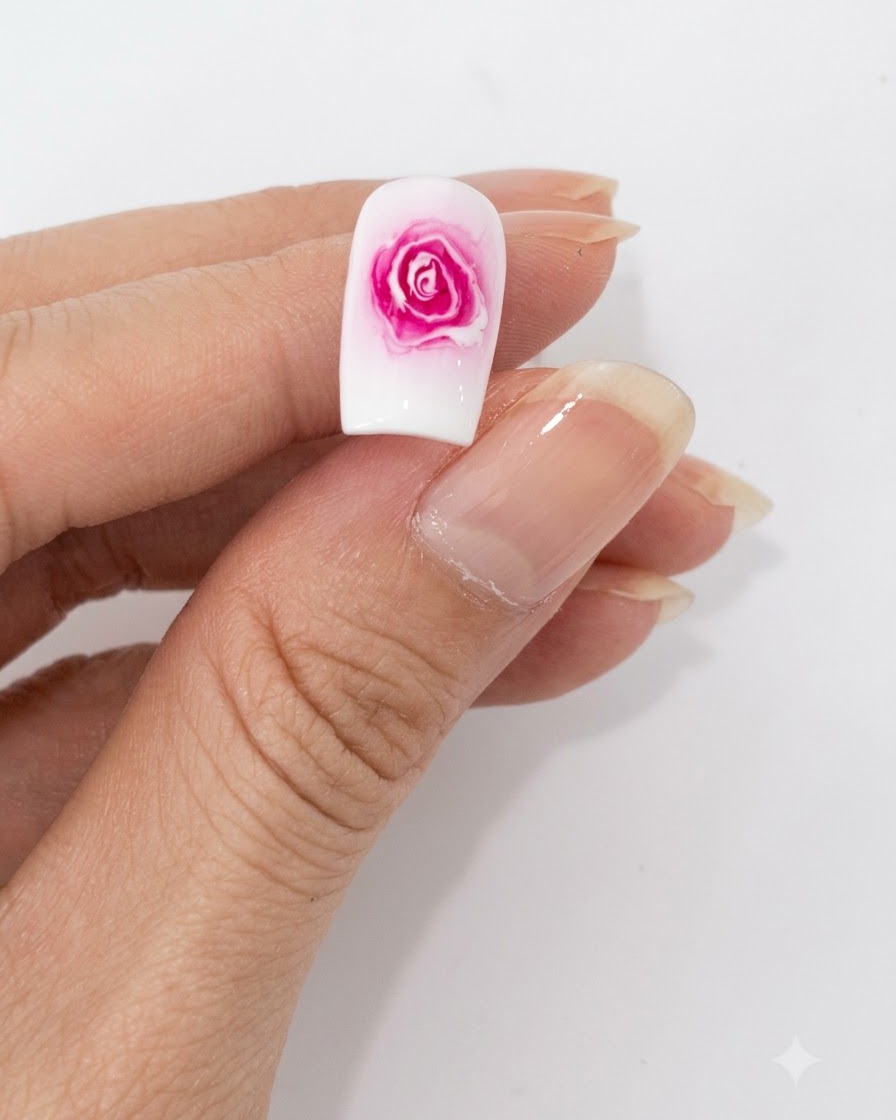 A close-up of a hand placing a decorated nail under the pink glow of a UV LED nail curing lamp.