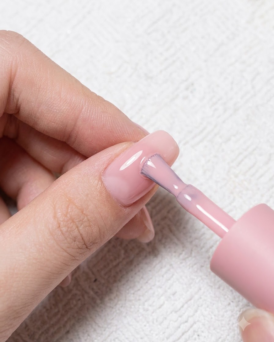 A nail brush applying a light pinkish-nude gel polish onto a natural fingernail.