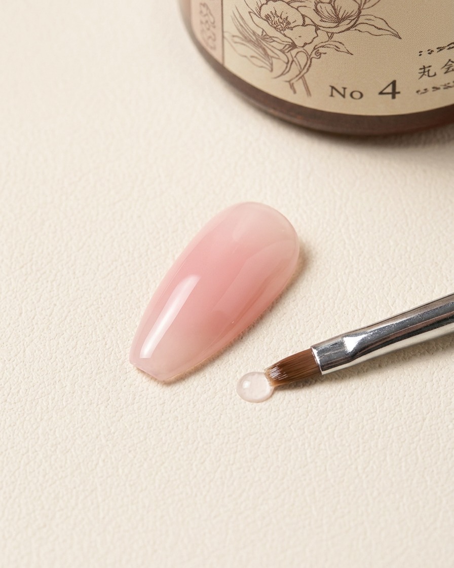 A nail art brush resting near a drop of clear blooming gel on a textured background next to a product bottle labeled No 4.
