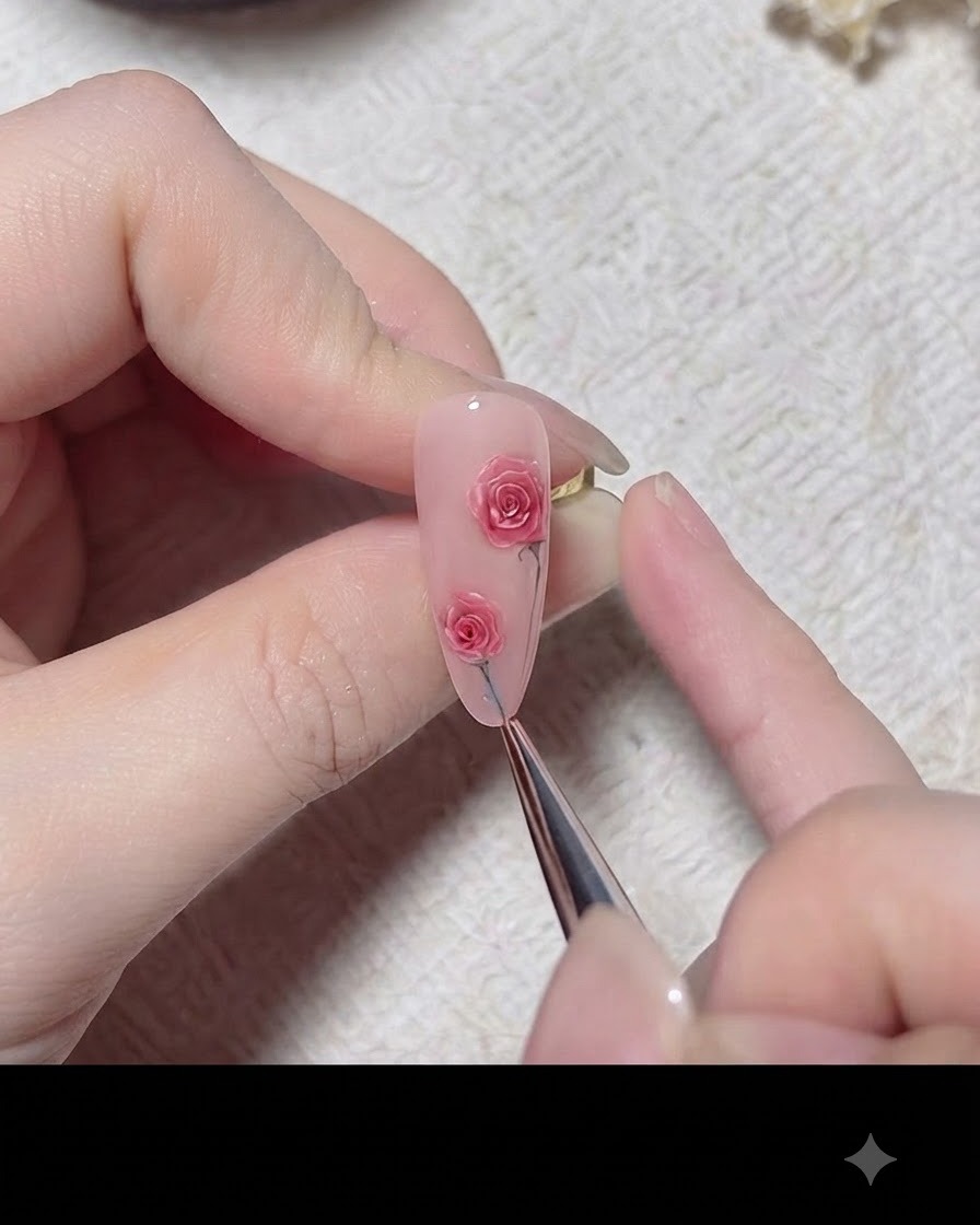 A fine brush painting a thin green stem and leaf connecting the pink rose art on a nail.