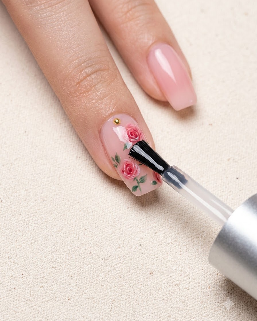 A brush applying a clear top coat over a floral nail art design.