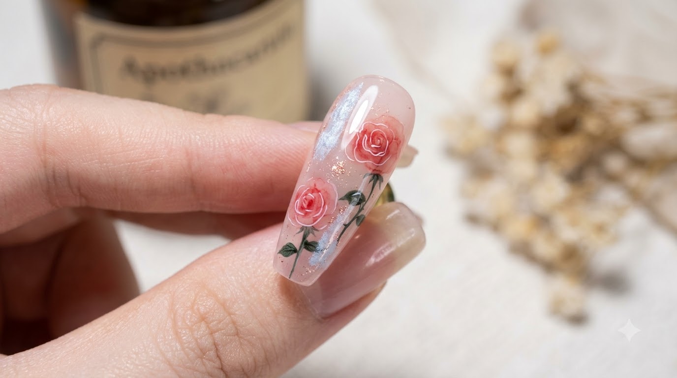 Cloud Watercolor Blooming Rose Nail Art — Step-by-Step Tutorial
