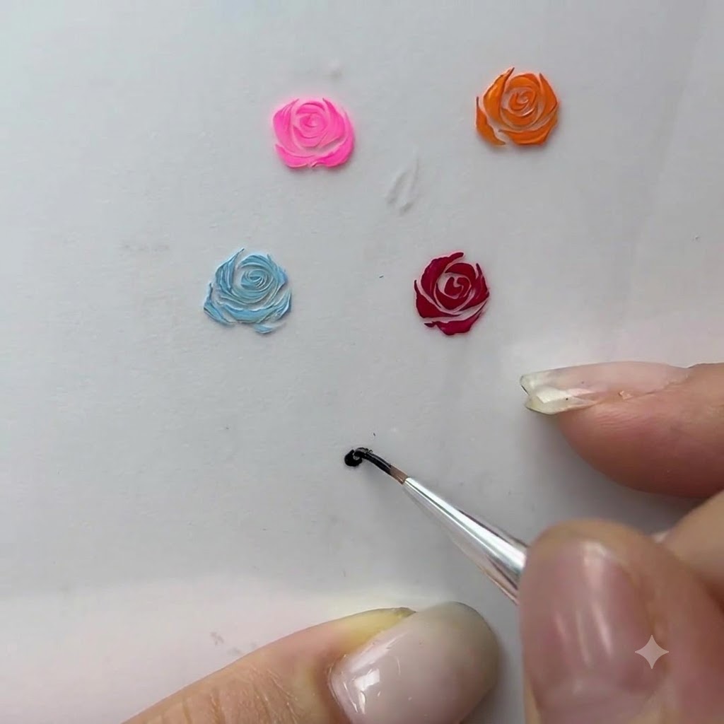 A close-up of a hand holding a fine liner brush, drawing curved lines to form rose petals on a white surface.