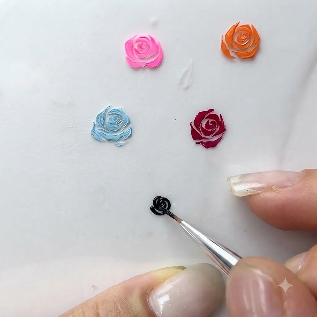 A close-up shot of a fine brush adding sweeping curved strokes around a miniature gel rose.