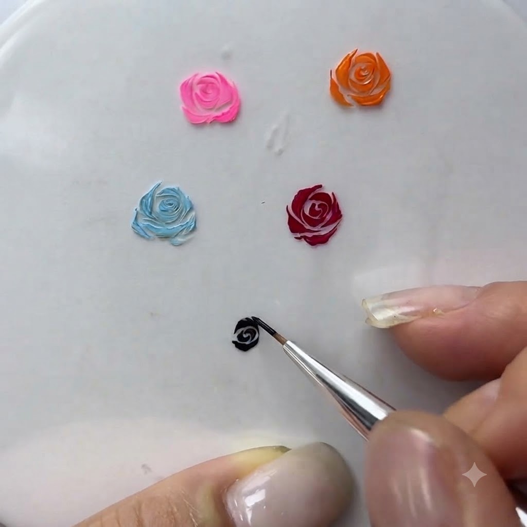 A close-up image showing a fine brush filling small spaces between painted gel petals.