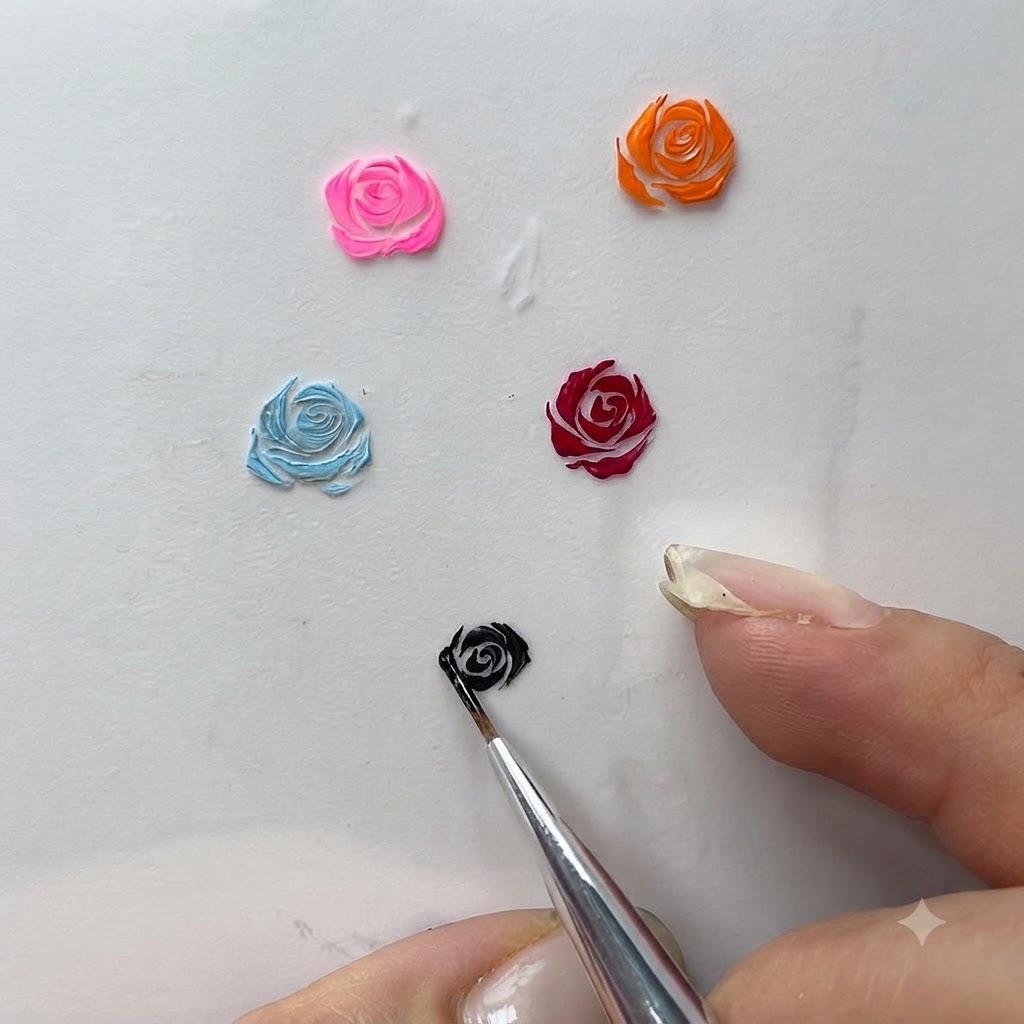 A close-up of a liner brush meticulously refining the outer edges of a painted gel rose design.