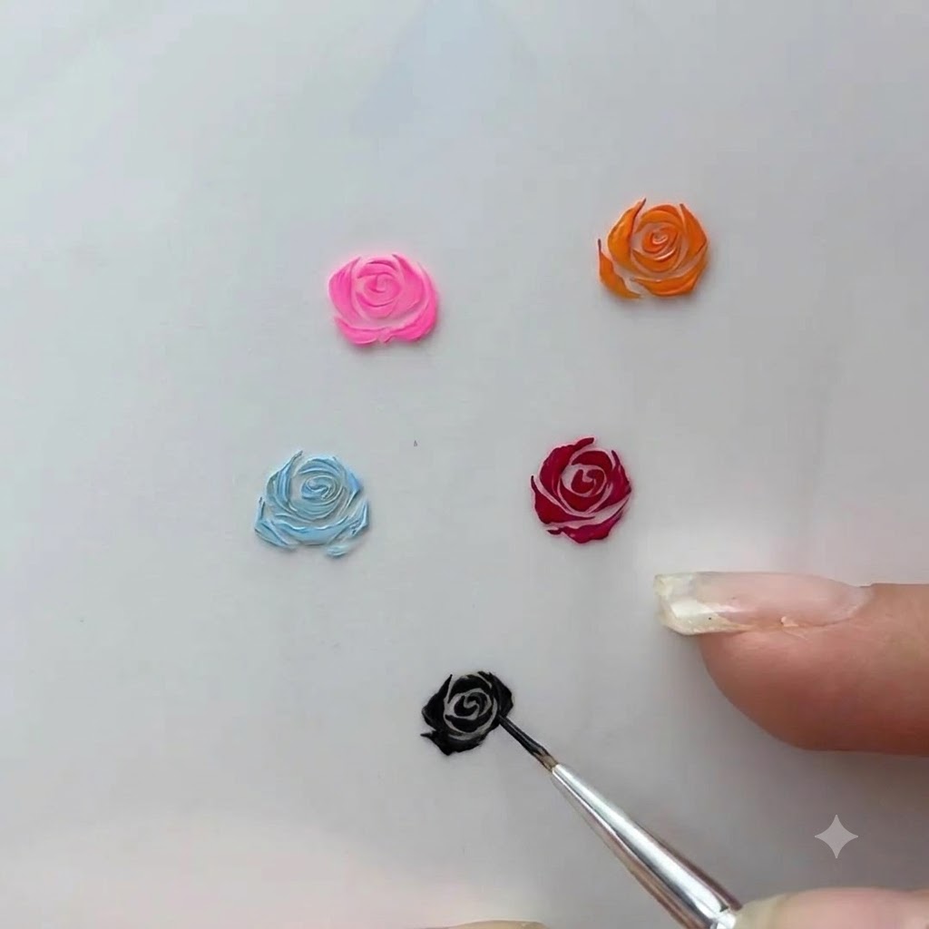 A thin nail art detail brush outlining dark inner spiral strokes on a small painted rose gel design.
