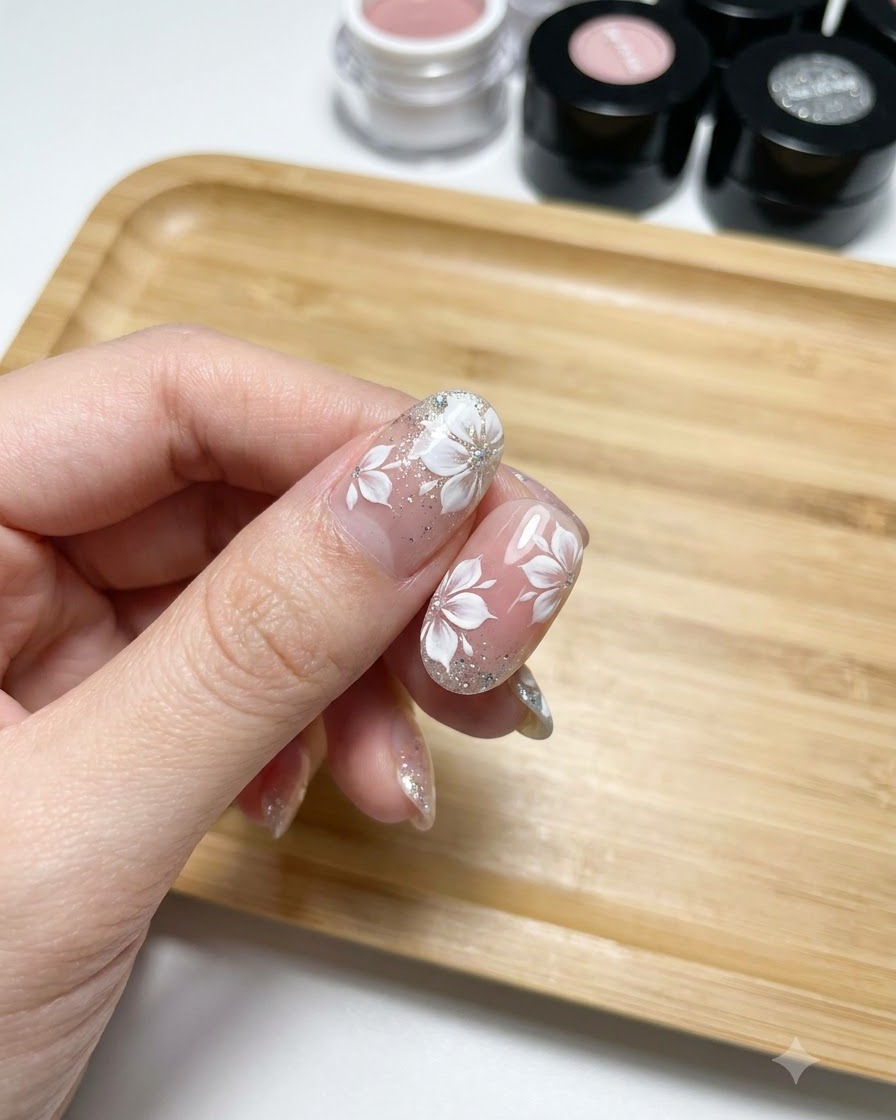 A fine detailing brush applying small white dots to the center of white painted flowers on a natural gel nail.