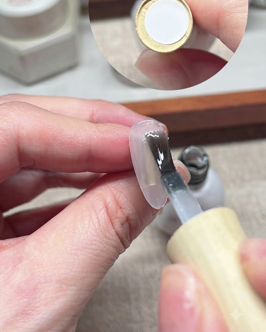 A brush applying a layer of clear blooming gel to a nail tip.