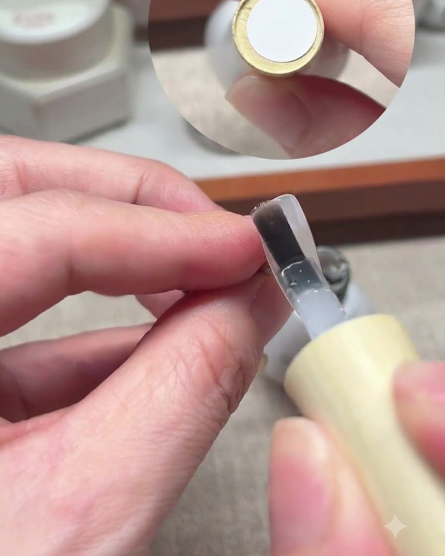 A dotting tool holding a drop of red gel over a nail.