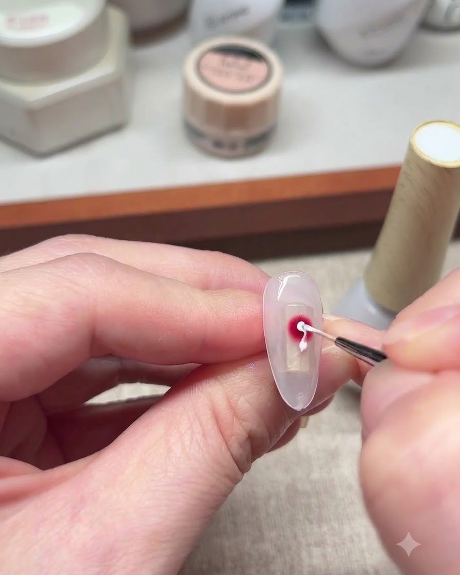A liner brush drawing delicate white spiral lines over the red bloomed color.
