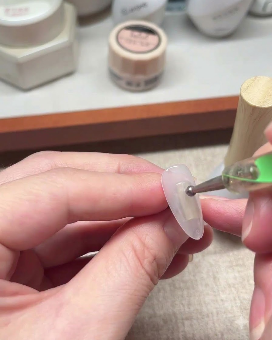 A close-up of a hand holding a dotting tool with a metal ball tip, placing a small blue gel dot onto a nail.