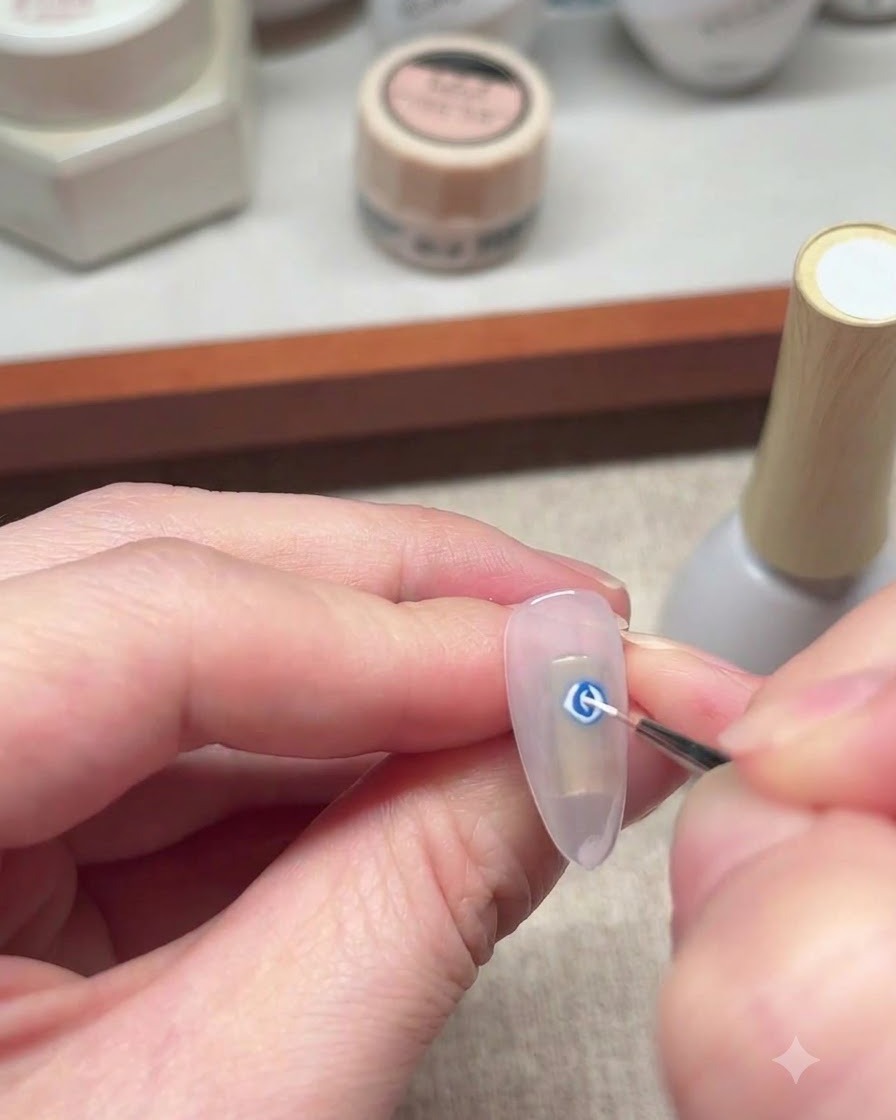 A fine liner brush drawing white spiral lines over the blooming blue gel design.