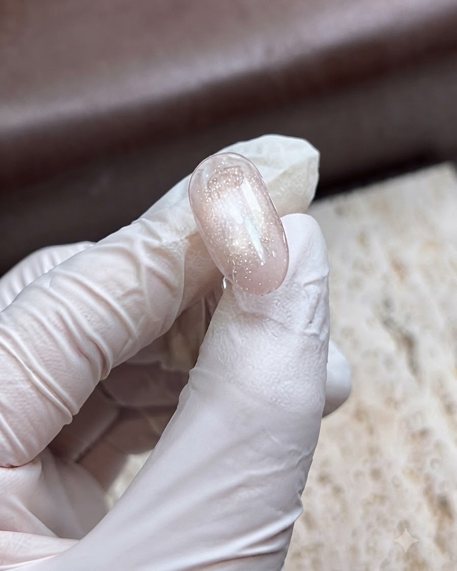 A gloved hand applying a thick layer of matte top coat over a glittering cat-eye nail.