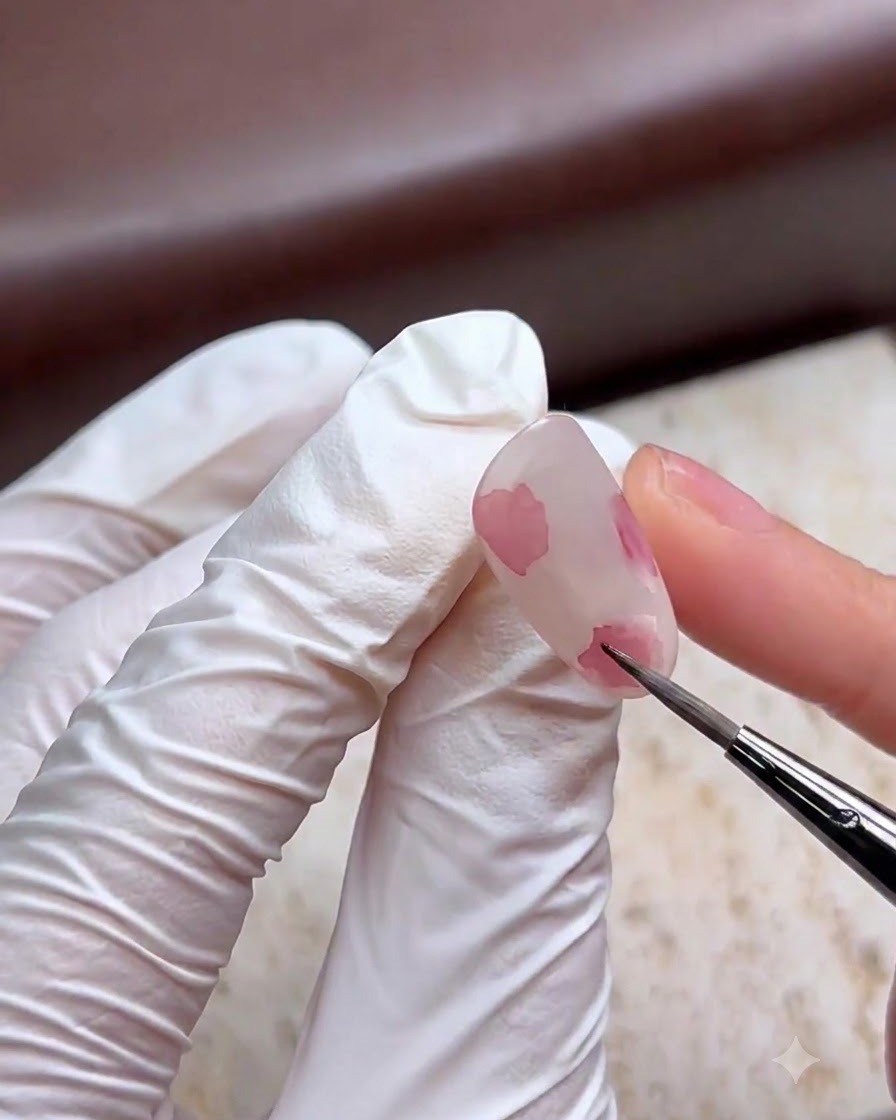 A fine brush dabbing pink watercolor pigment onto a nail to create soft color blocks.