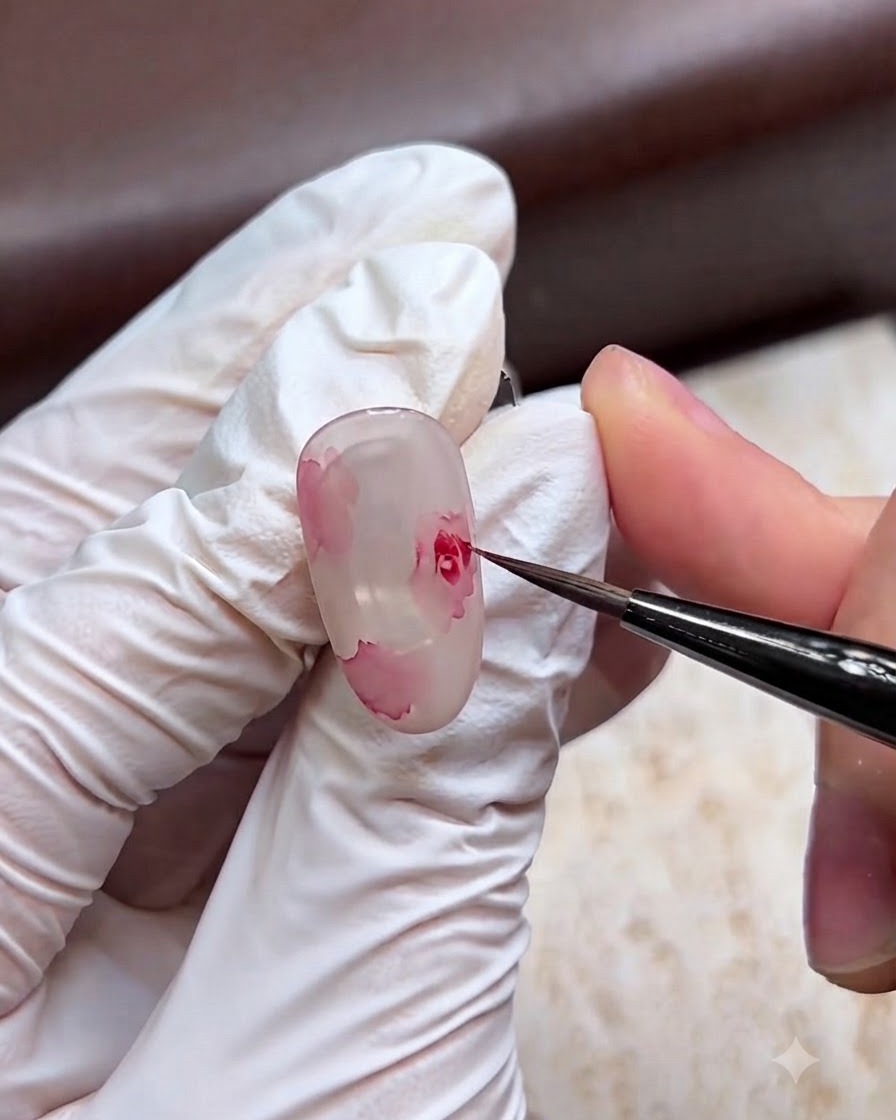A close-up of a gloved hand using a fine brush to paint pink rose petals onto a milky translucent nail.