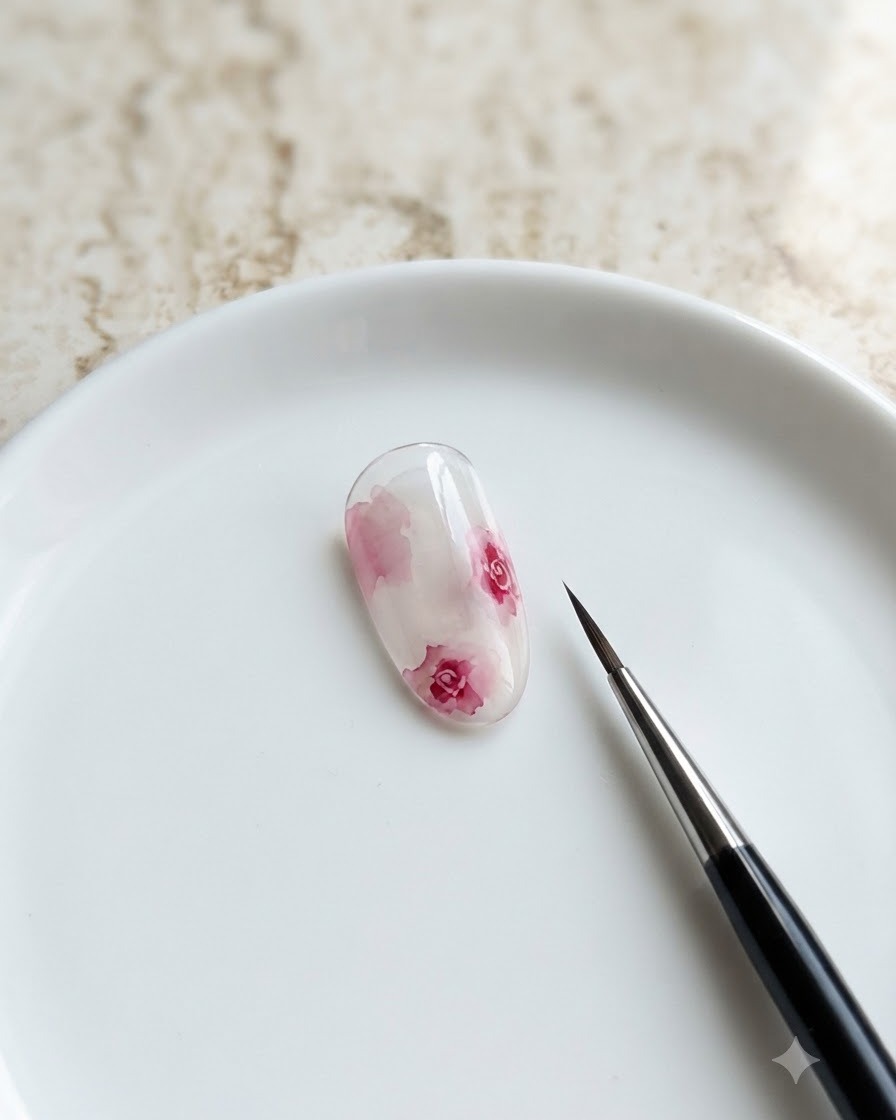A single almond-shaped nail resting on a white surface, featuring multiple watercolor rose blossoms.