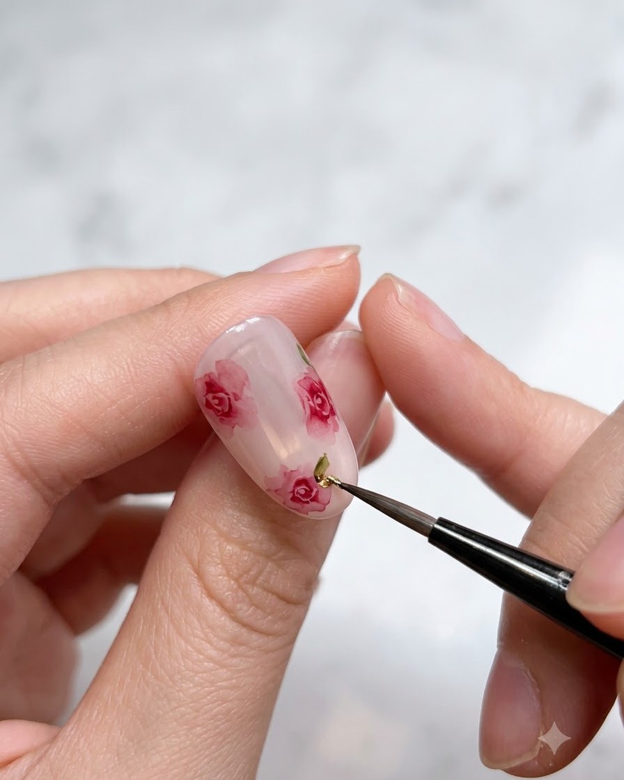 A close-up view of a hand painting tiny green leaf details next to watercolor roses on a nail.