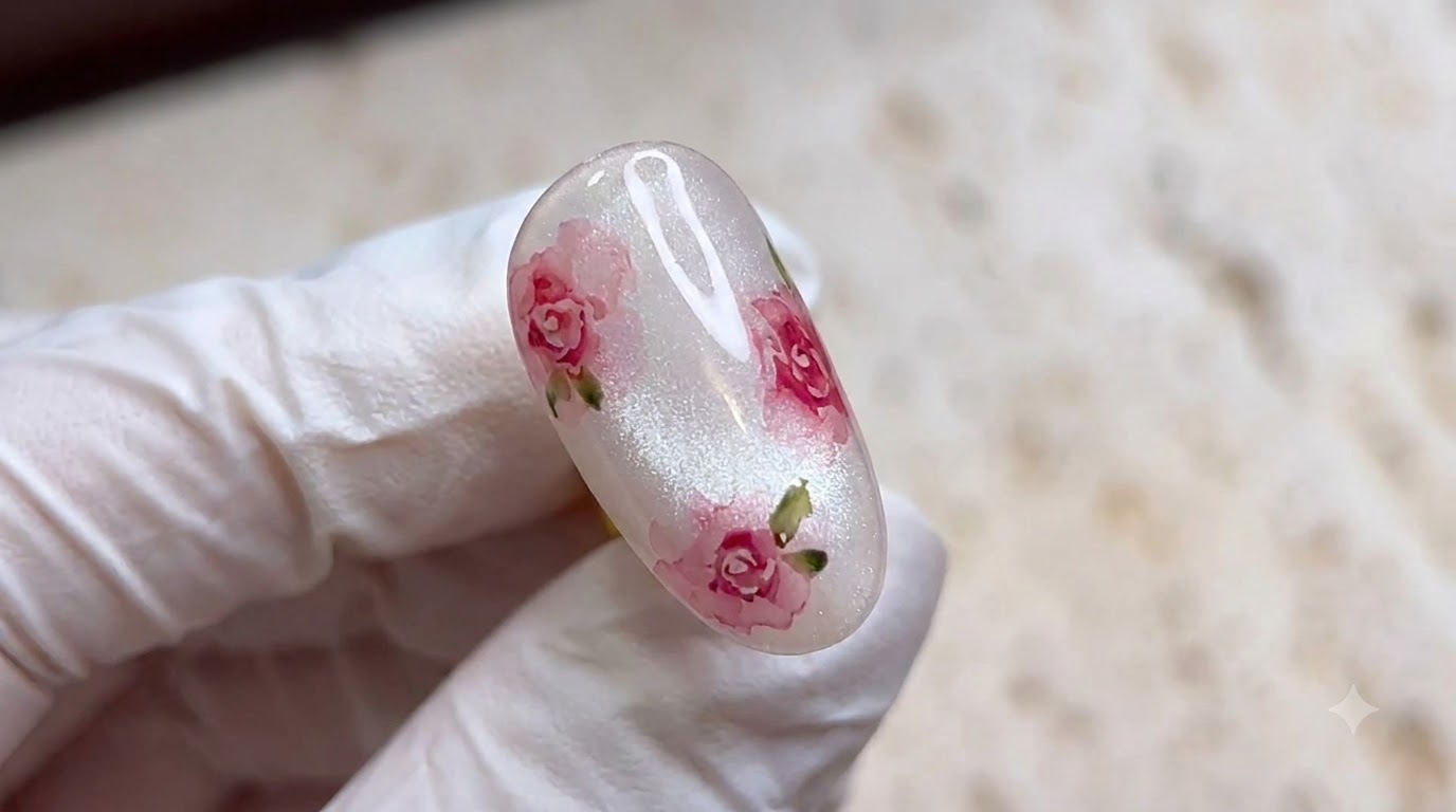 Watercolor Rose Nail Art Tutorial — Delicate Glass Pearl Cat-Eye Design