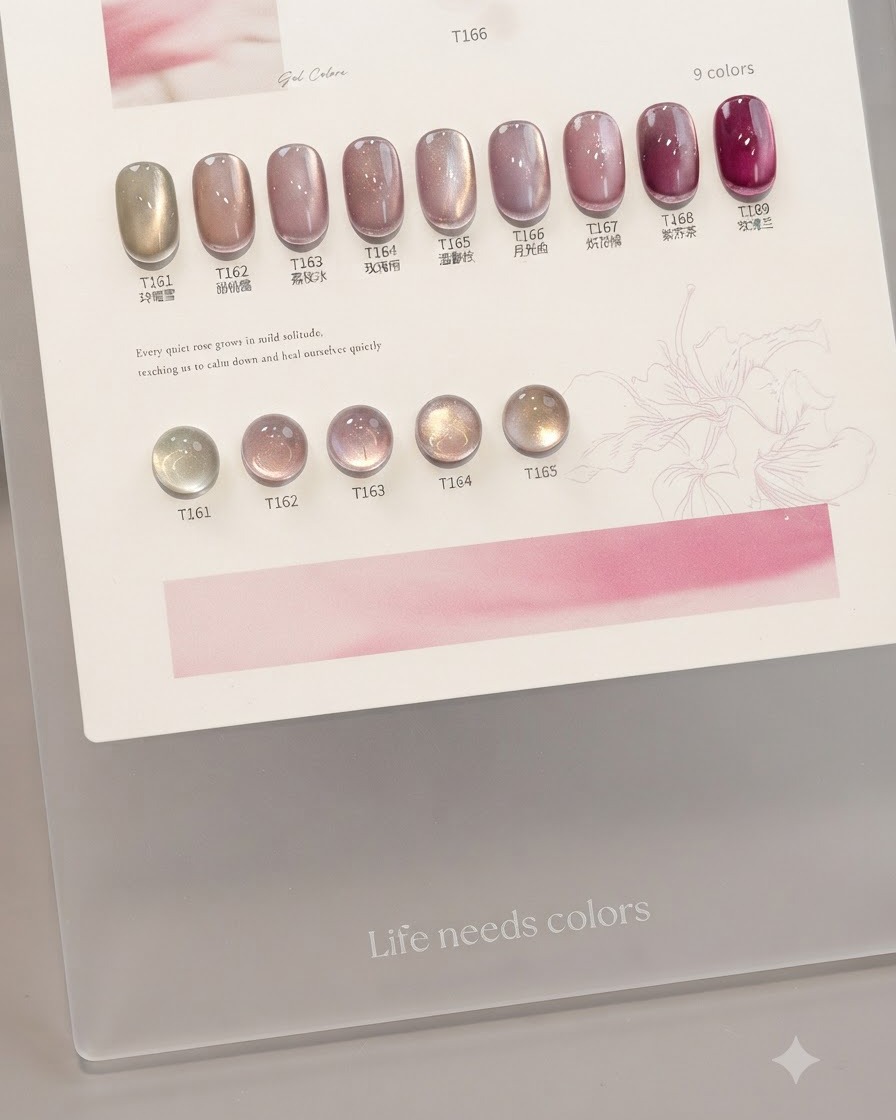 A display card showing various gel polish color samples including shade 164 from the Chantilly Rose collection.
