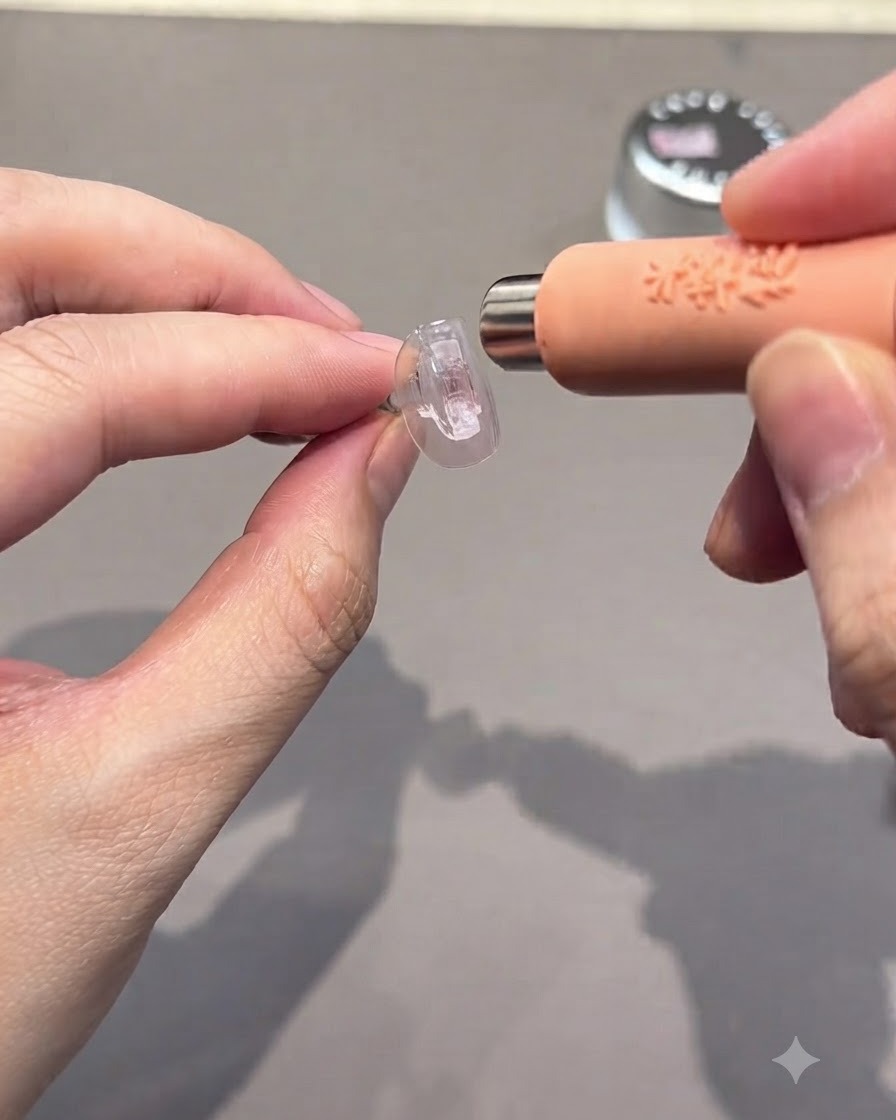 Hands holding a clear nail display stand while a magnetic wand tool is positioned near the surface.