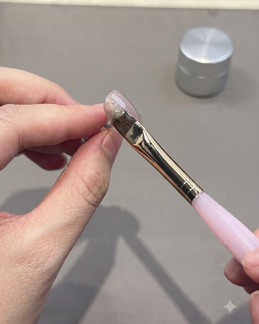 A nail art brush applying a smooth layer of gel onto a nail tip.