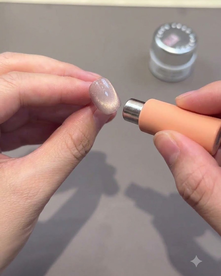 A magnetic tool being held close to a glossy nail tip to concentrate the light reflection.