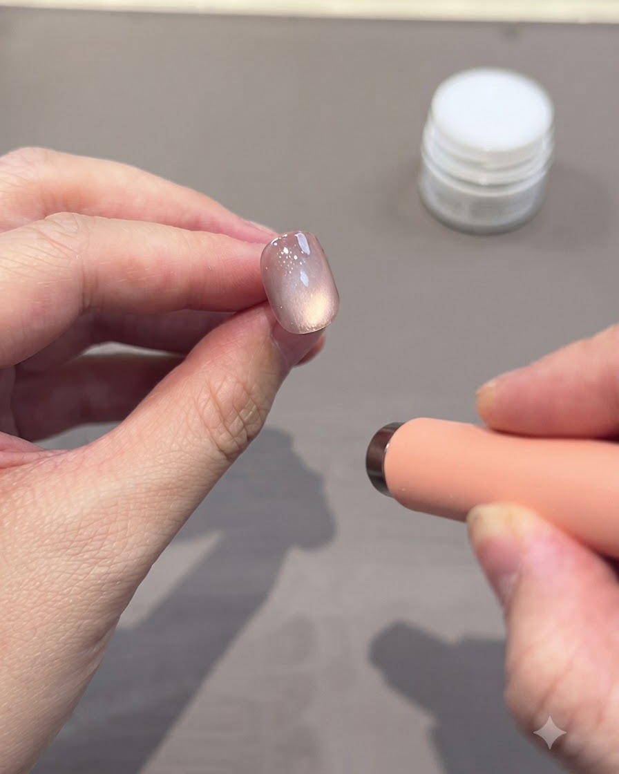 A UV/LED lamp curing the second layer of gel on a nail tip.