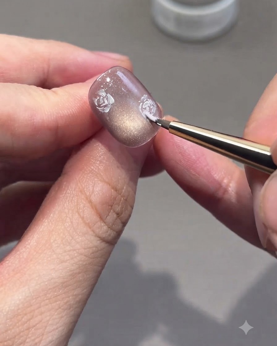 A fine brush filling rose outlines with shades of pink gel on a nail.
