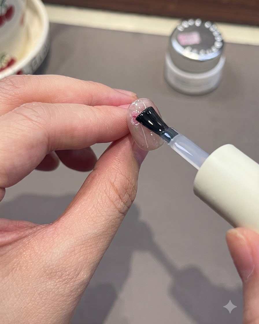 A nail brush applying a clear top coat over a nail with painted pink rose art.
