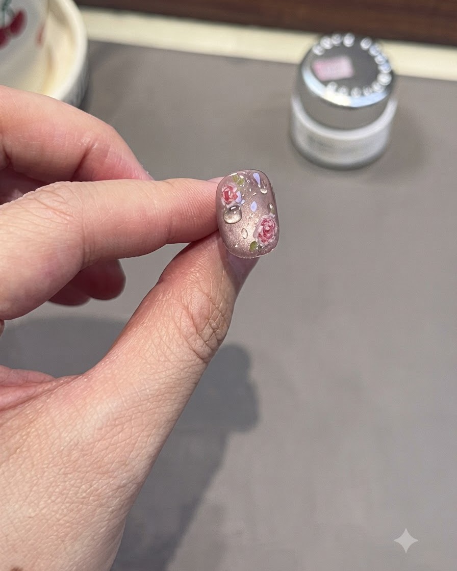 A finished nail showcasing 3D dewdrop effects over a floral design.