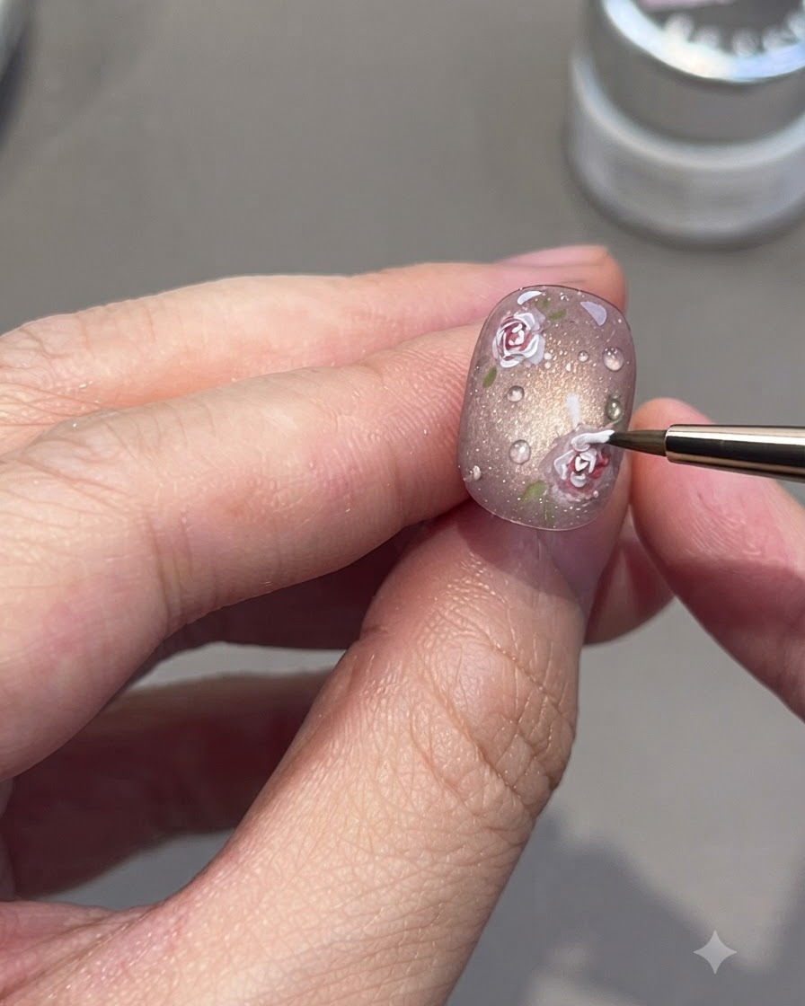 A fine detailing brush painting delicate white roses onto a glossy finished nail surface.