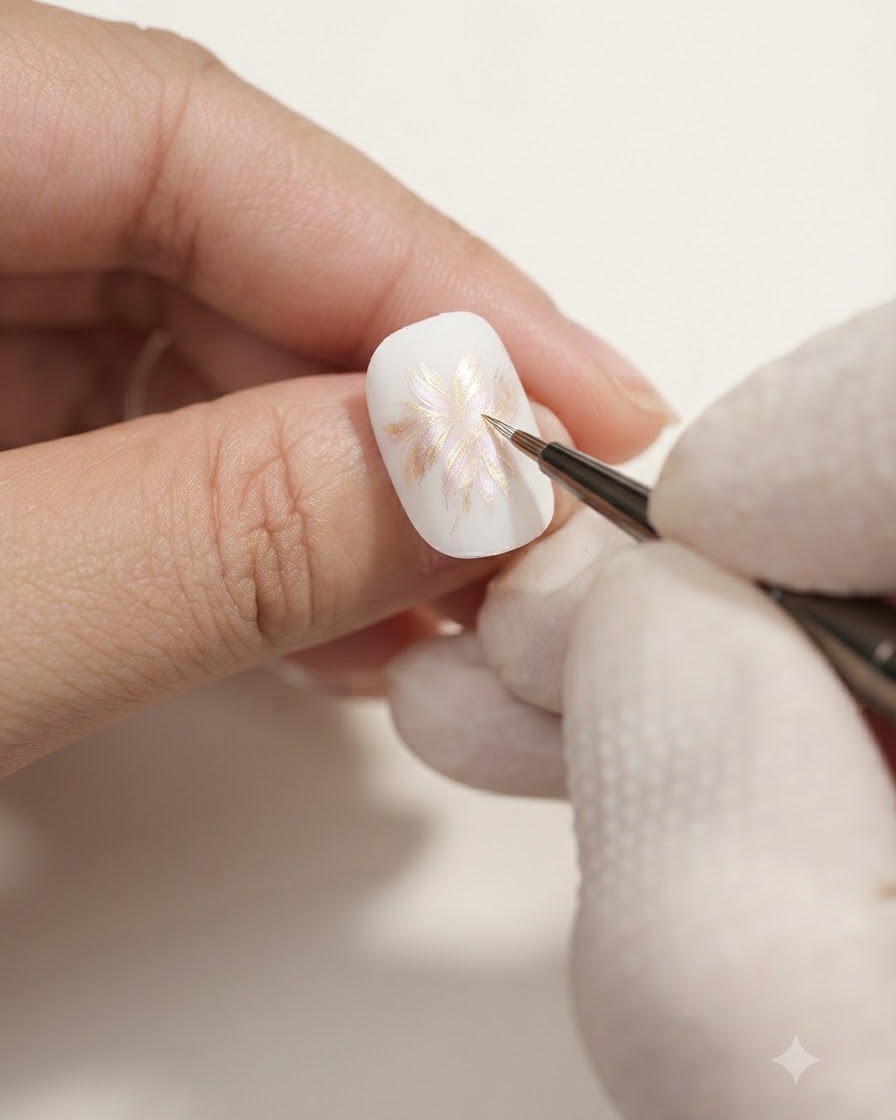 A close-up of a hand using a fine brush to apply light brown and pink strokes onto a white nail to form the lower section of a bouquet wrap.