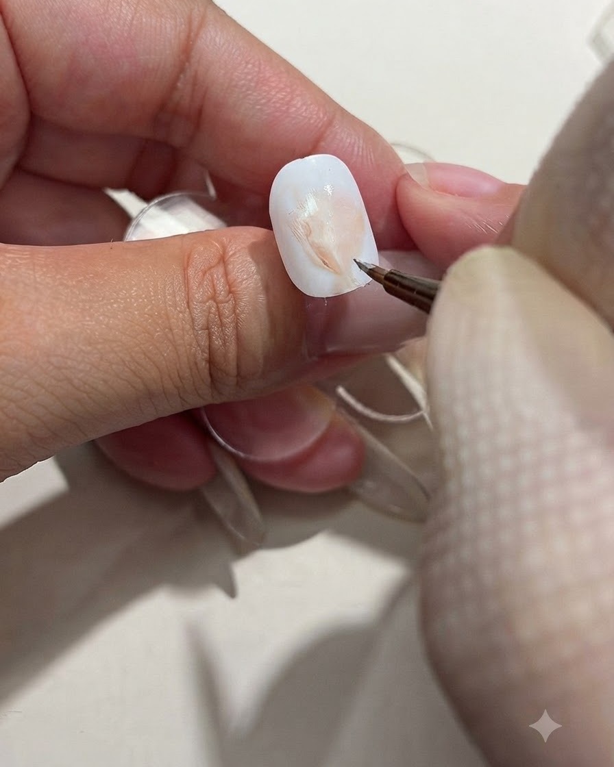 A fine detailing brush dabbing brown gel onto the textured wrapping paper design of a white nail.