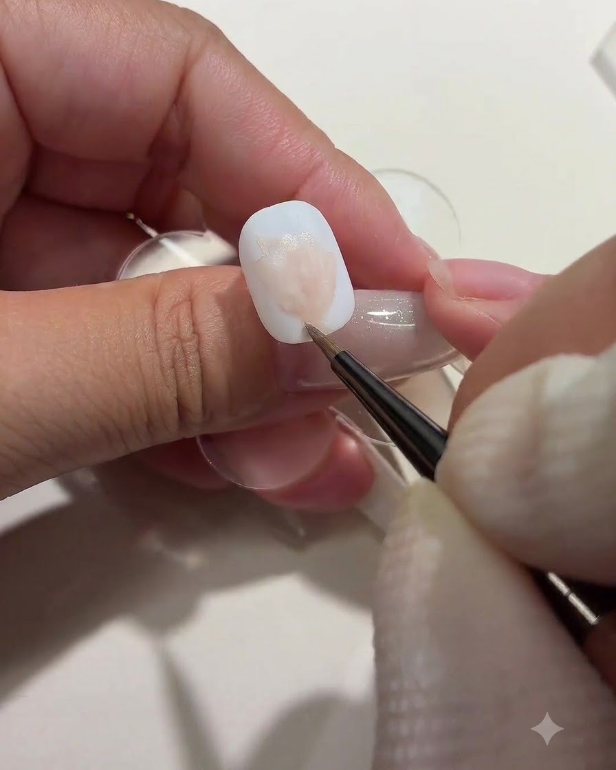 A nail artist using a brush to lay down soft pink color blocks representing unrefined rose shapes on a white nail.