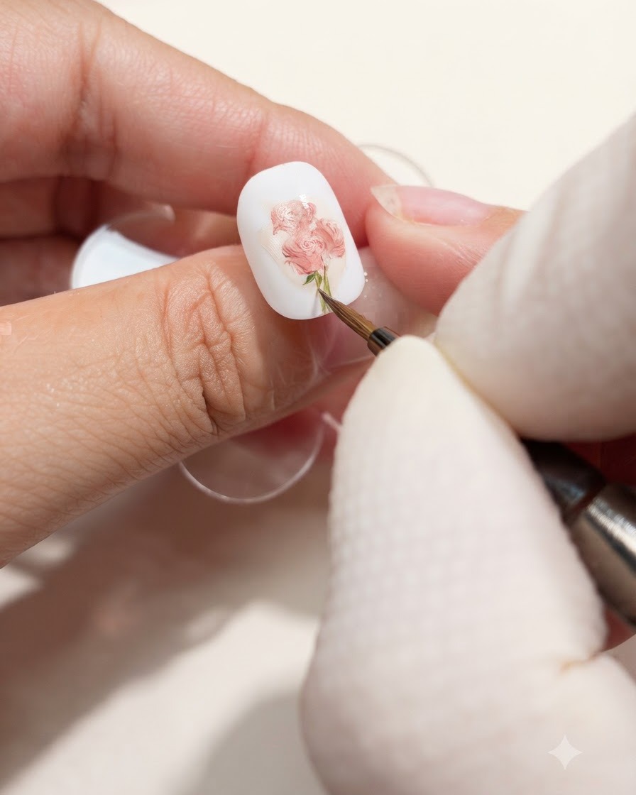 A close-up view of a fine brush adding delicate green stems and leaf details to the painted rose bouquet on a white nail.
