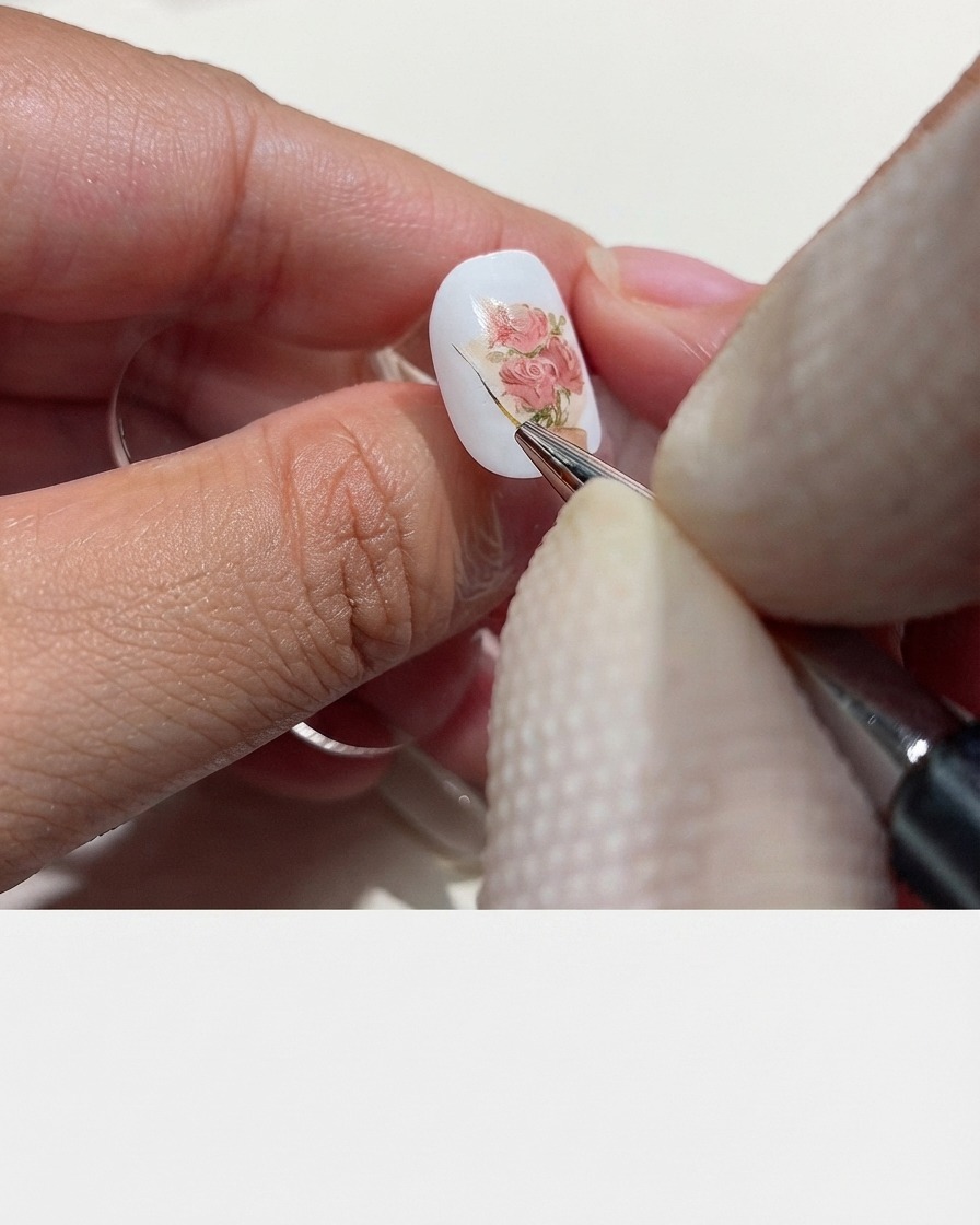 A fine liner brush tracing the outer edge of the bouquet wrapping paper with brown color on a white nail base.