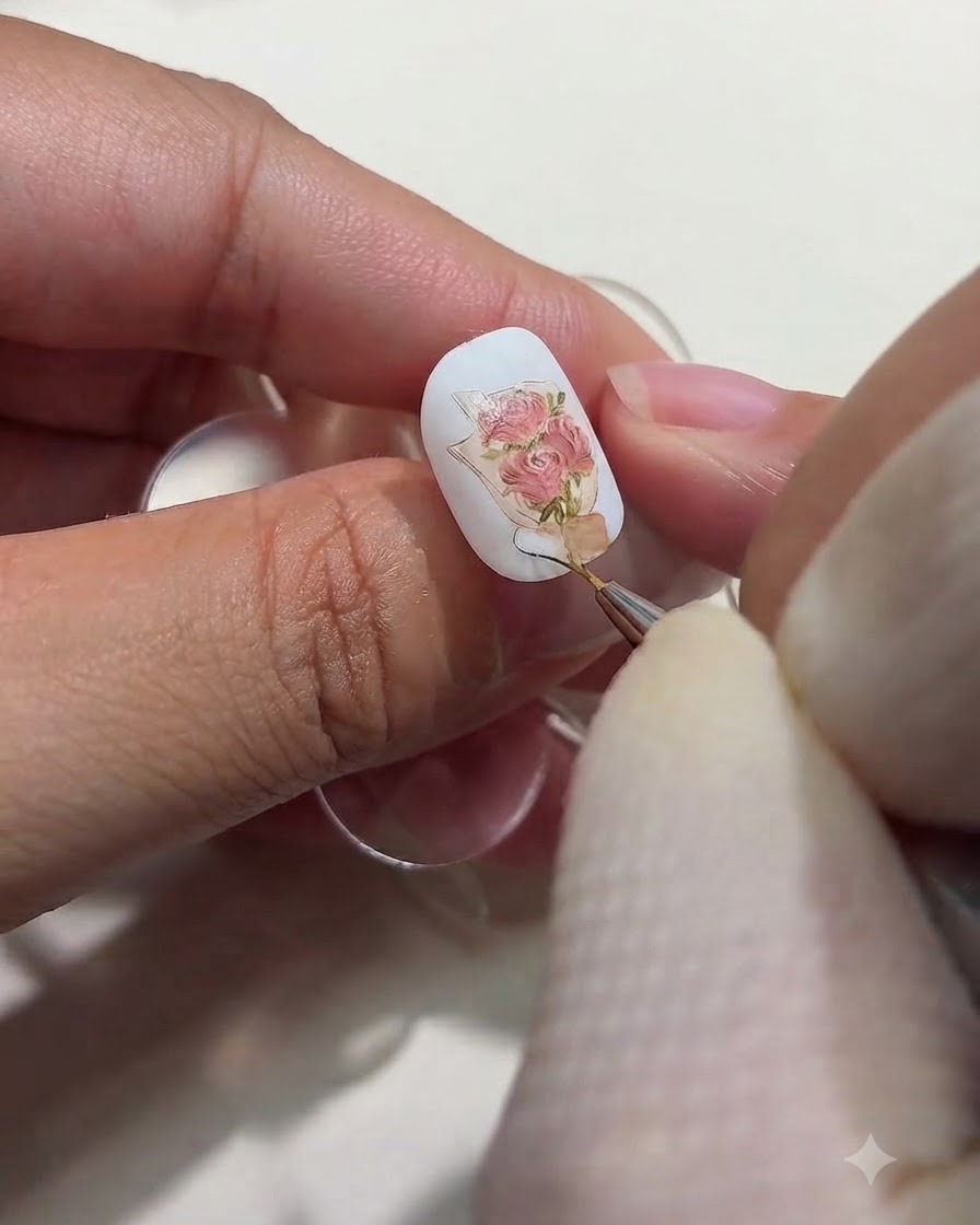 A close-up view of a fine nail art brush painting a delicate brown ribbon at the base of a painted rose bouquet on a nail.