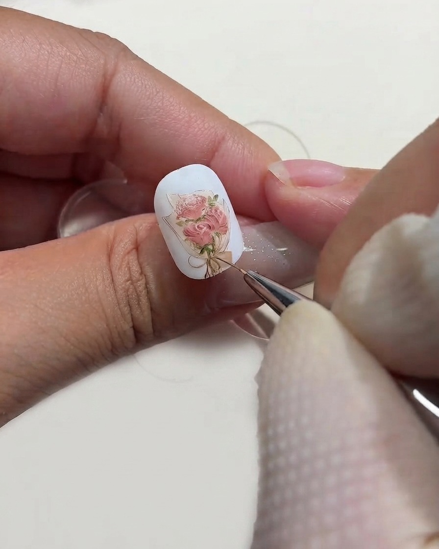 A fine detailing brush applying tiny white highlight dots onto the petals of a painted rose bouquet nail art design.