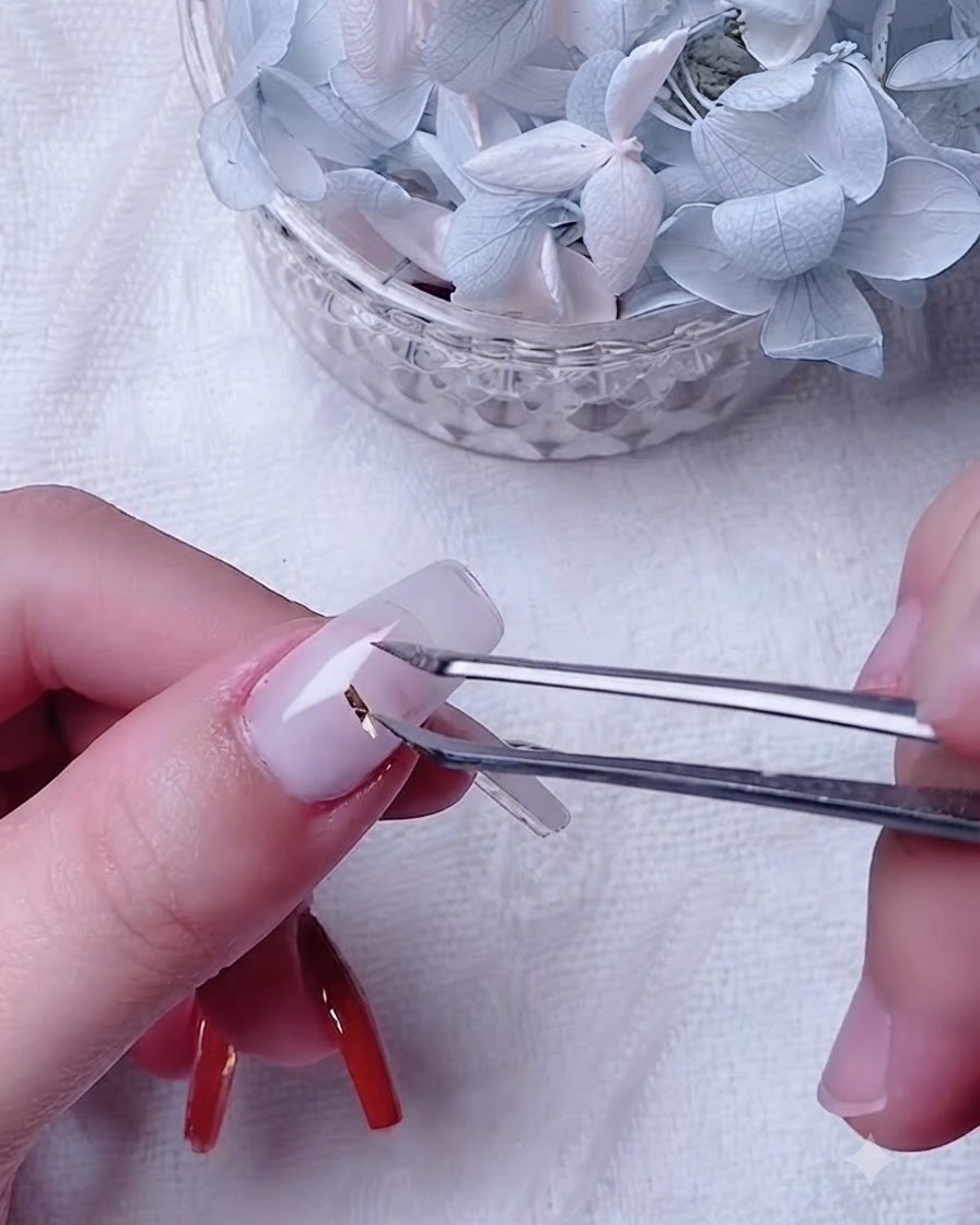 A close-up of a thumb nail receiving an even coat of milky white base gel.