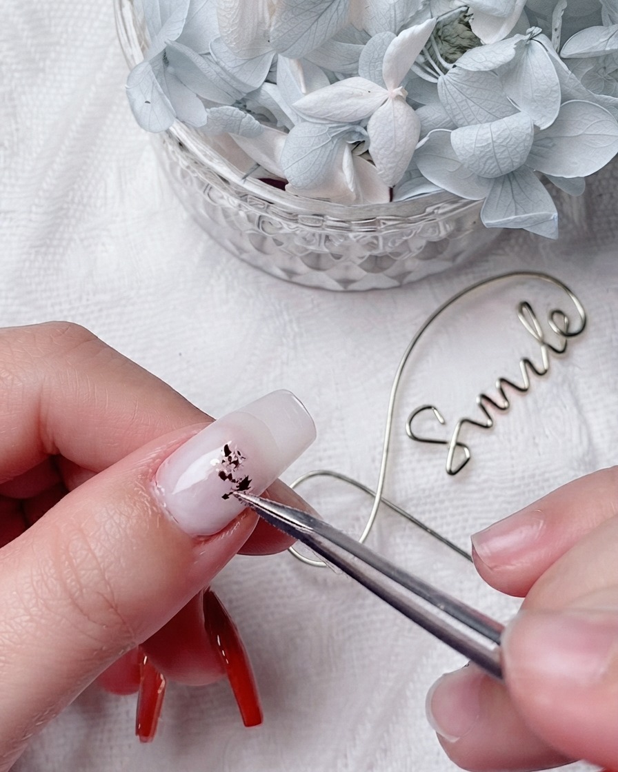 A pair of metal tweezers carefully placing tiny gold leaf flakes onto a milky white base gel on a fingernail.