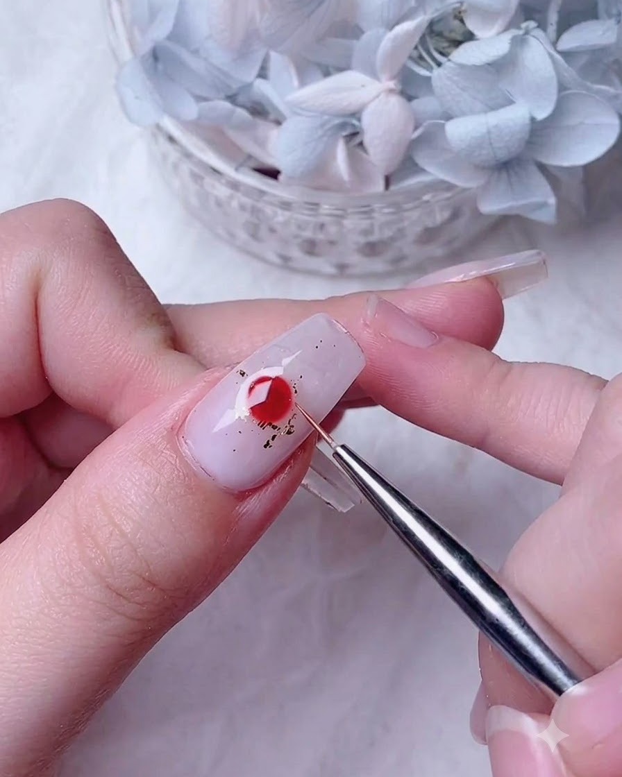 A nail art brush applying a clear coat of blooming gel over the nail containing gold foil flecks.